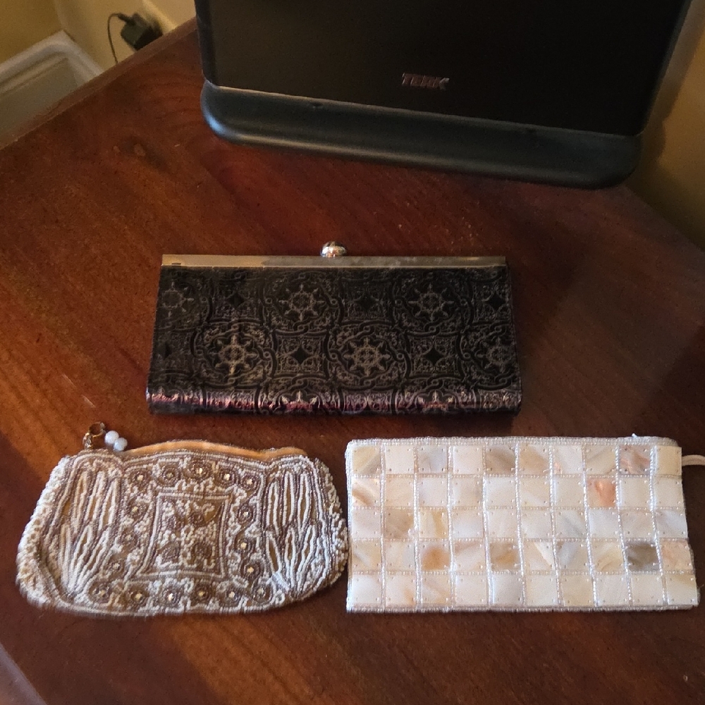 Elegant Black and Silver Clutch, Shell Tile Clutch And Vintage Beaded Clutch.